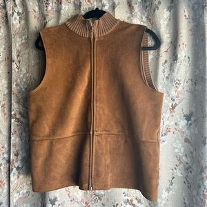 J. Jill Western Sweater Vest Brown Full Zip Faux Suede Front ribbed back